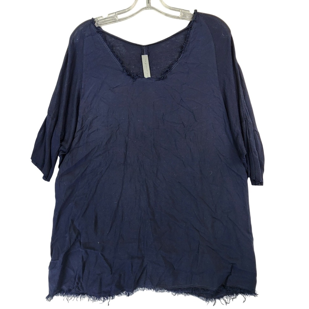 Raquel Allegra 0 Navy Blue Raw Edge V-Neck Oversized Tee Boho Lagenlook Slouchy